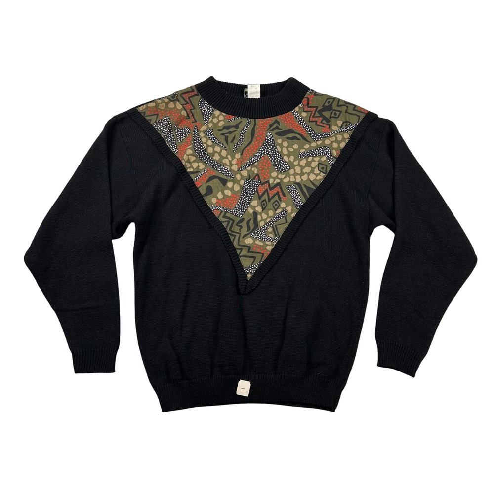 Vintage In Phase Sweater Womens Small Black Abstract Mixed Media Knit USA Made